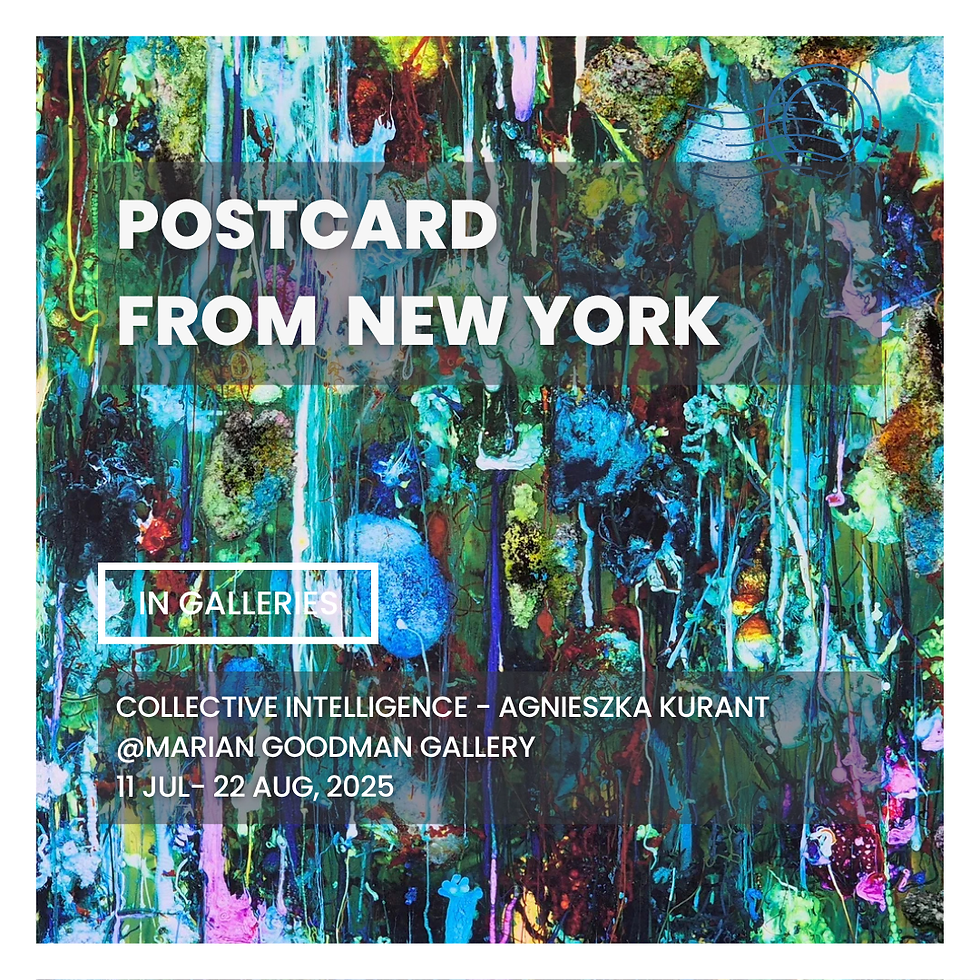 Abstract colorful art with text: "Postcard from New York." Promotes Agnieszka Kurant's exhibit at Marian Goodman Gallery, 11 Jul-22 Aug 2025.