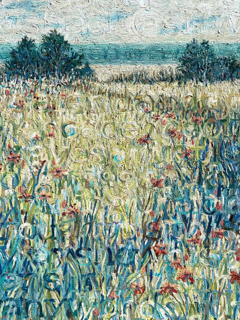 Impressionist painting of a vibrant field with wildflowers, green and blue hues, trees in the background, and a cloudy sky. Energetic mood.