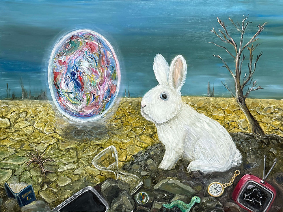 A white rabbit sits on dry, cracked earth, facing a swirling, colorful orb. Nearby lie a clock, book, hourglass, and small TV. The sky is overcast.