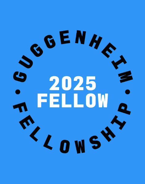 Blue background with black text reading "Guggenheim Fellowship" in a circle around white "2025 Fellow" in the center.