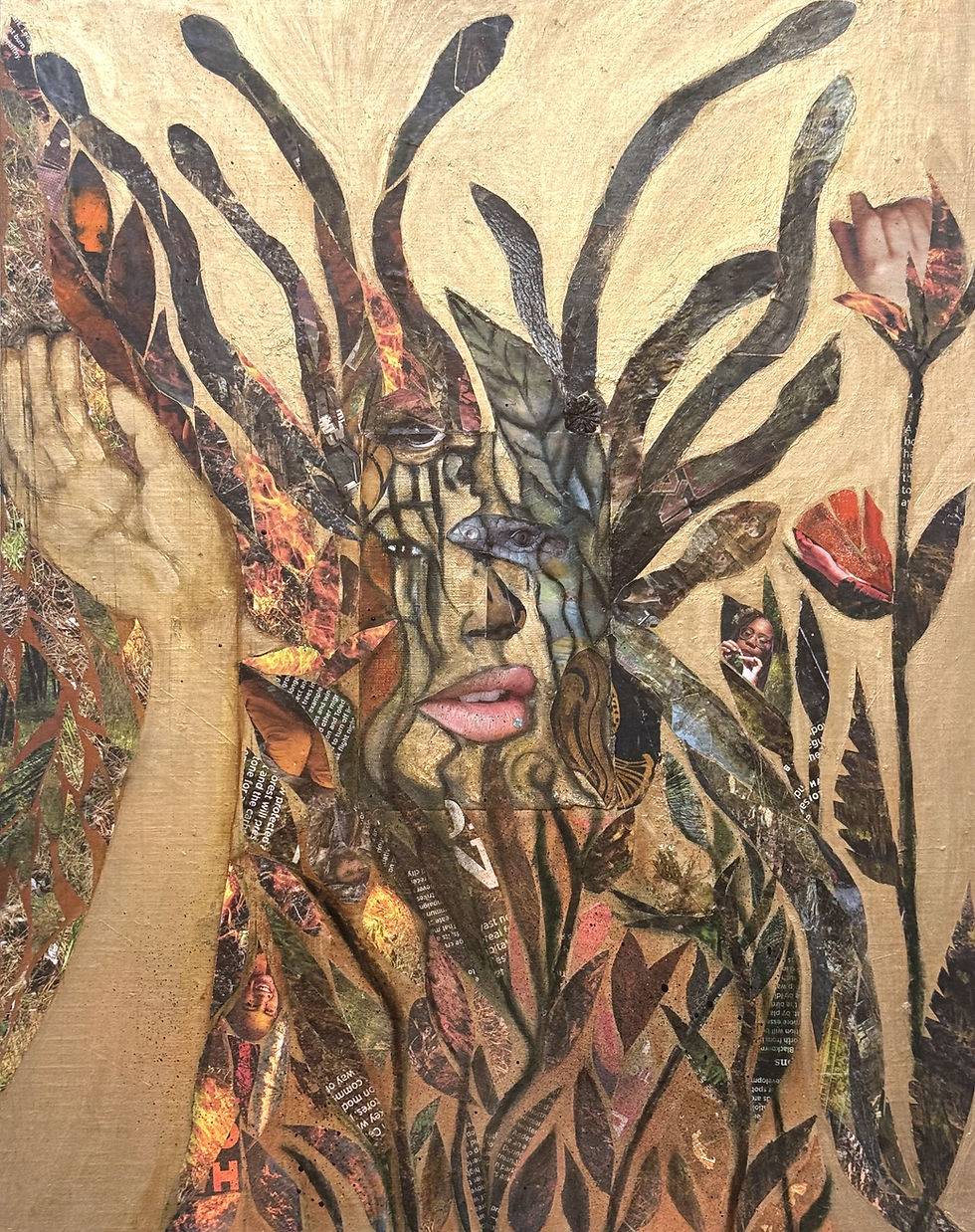 Mixed-media collage of a face emerging from dark snake and leaf shapes on gold paper, with small text fragments and warm earthy tones.