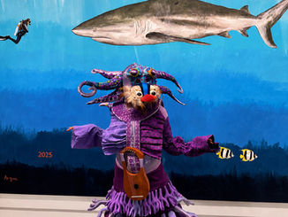 Veronika Rabinovich performs “Octovermillion - Dreamcaverns” at Clio Art Fair 23rd Edition, wearing a purple octopus-inspired costume in front of an underwater mural with a shark, diver, and fish