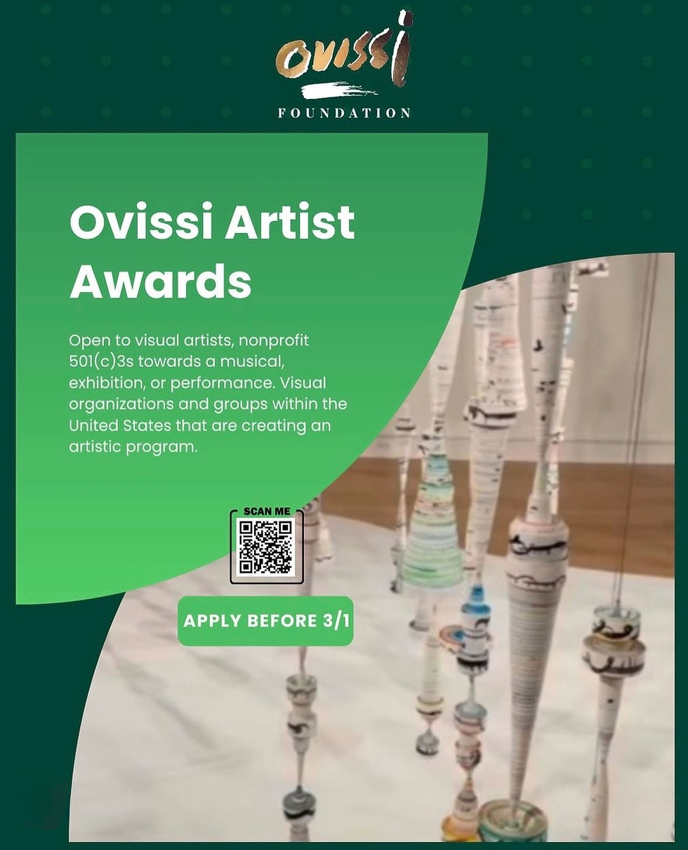 Title "Ovissi Artist Awards" in bold white text on a green background. Vertical spools art in beige setting. QR code and "APPLY BEFORE 3/1".