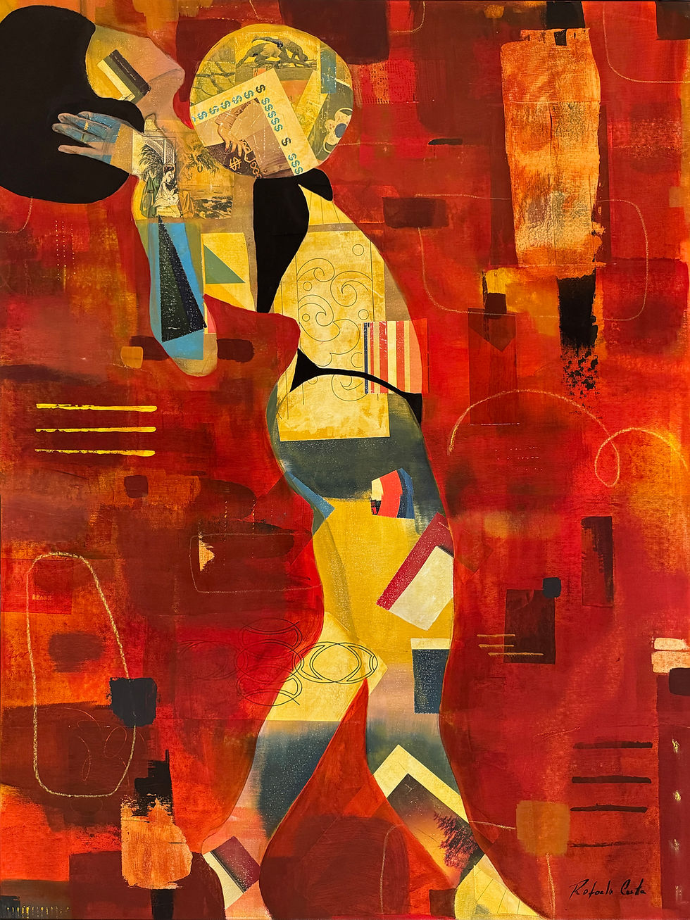 Abstract collage of a faceless standing figure in red and orange, with yellow and black geometric shapes and a signature.
Rafaela Costa, The Red Painting, 2026
Mixed Media on canvas, 36 × 48 in