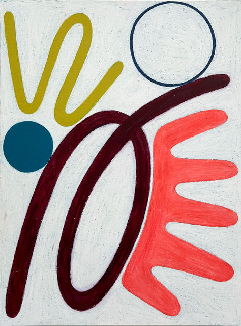 Abstract artwork with bold lines and shapes: a red hand-like form, a blue circle, and curved mustard lines on a textured white background.