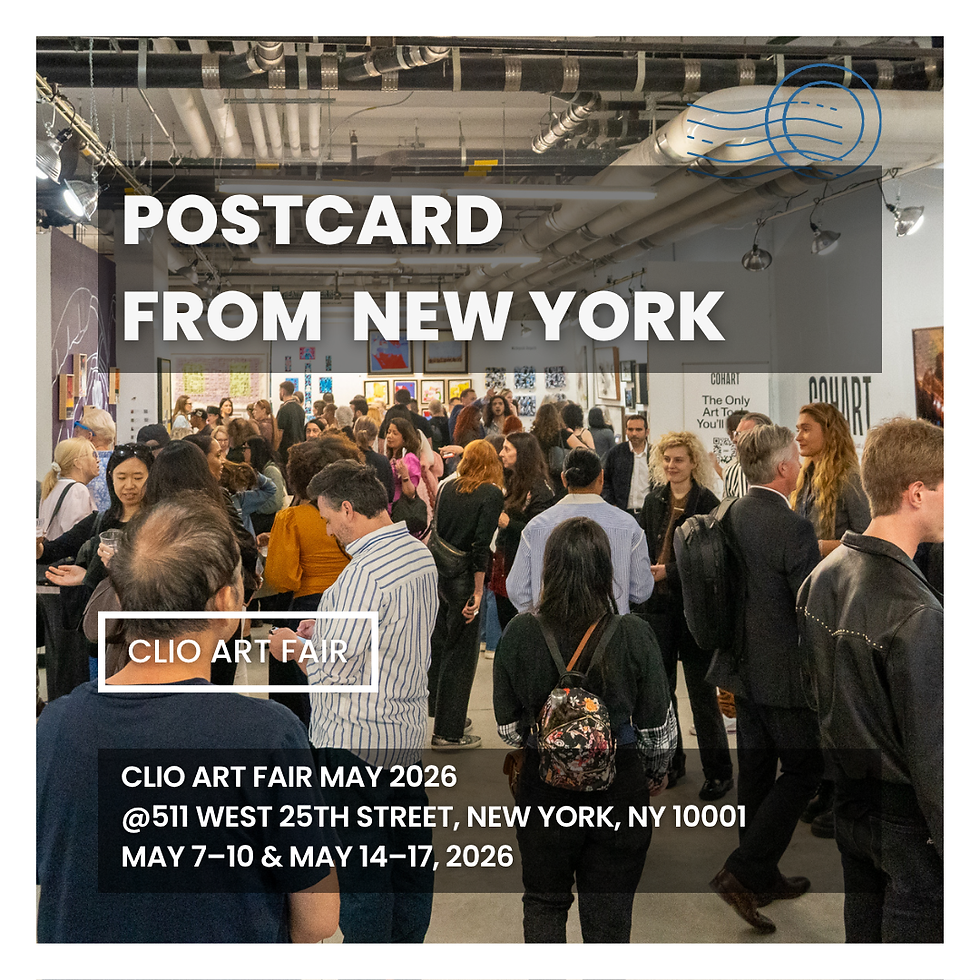 Colorful mural reads "Greater New York" with cityscape and art supplies. Text: "Postcard from New York" and event details overlay.