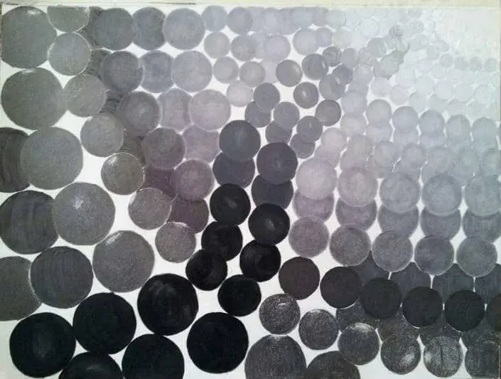 Gradient pattern of overlapping circles in shades of black to gray on a plain background, creating a sense of depth and movement.