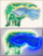 Abstract painting of a cloud-like shape outlined in green and yellow dots. The top image is light-colored while the bottom has a blue glow.