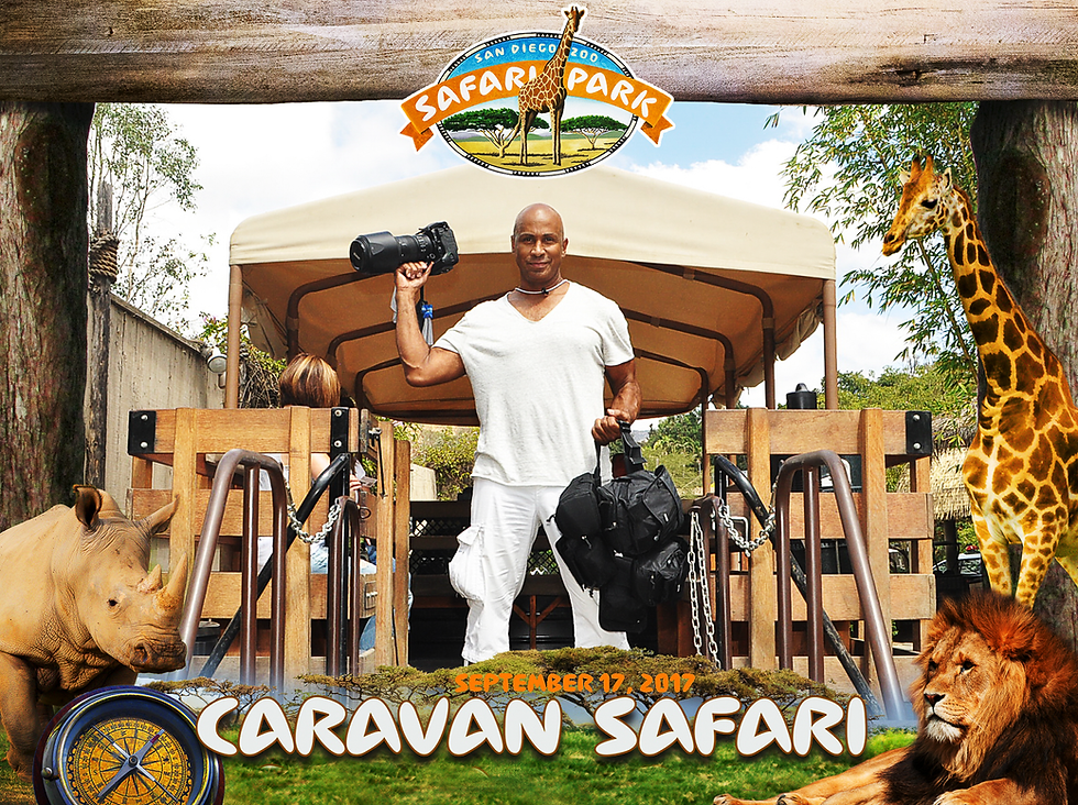 Julian Starks stands in safari vehicle at San Diego Zoo Safari Park with camera; giraffe, rhino, lion; Caravan Safari, Sept 17, 2017.
