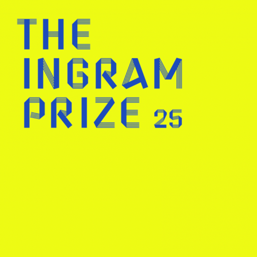 Blue text "THE INGRAM PRIZE 25" on a bright yellow background. Geometric font adds a modern feel. No other elements present.