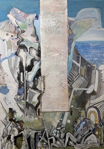 Abstract painting with soft blue, grey, and white tones, featuring organic shapes and surreal floating elements.