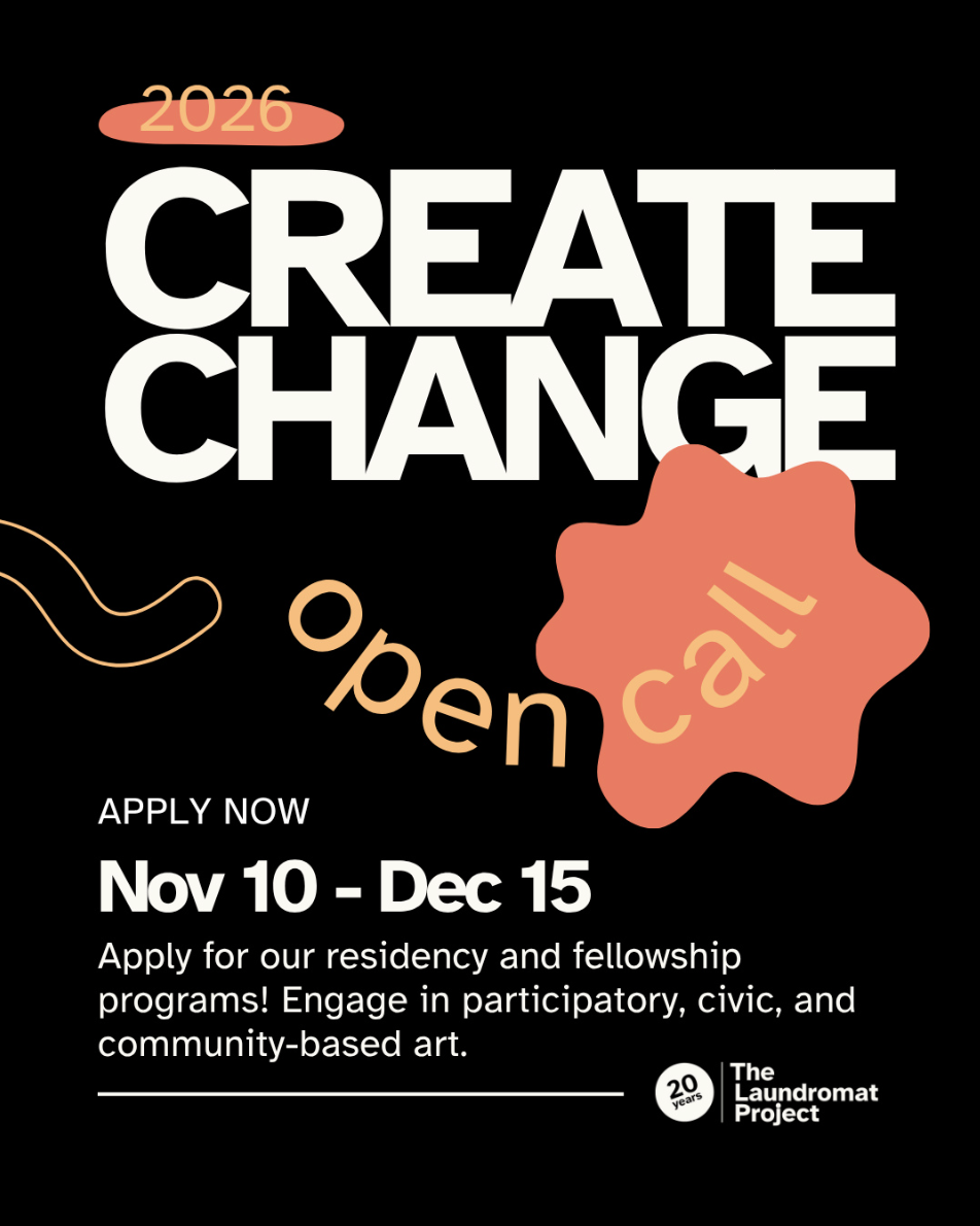 Black background with "Create Change" in bold white text. "2026" and "open call" in peach. Apply from Nov 10-Dec 15 for arts programs.