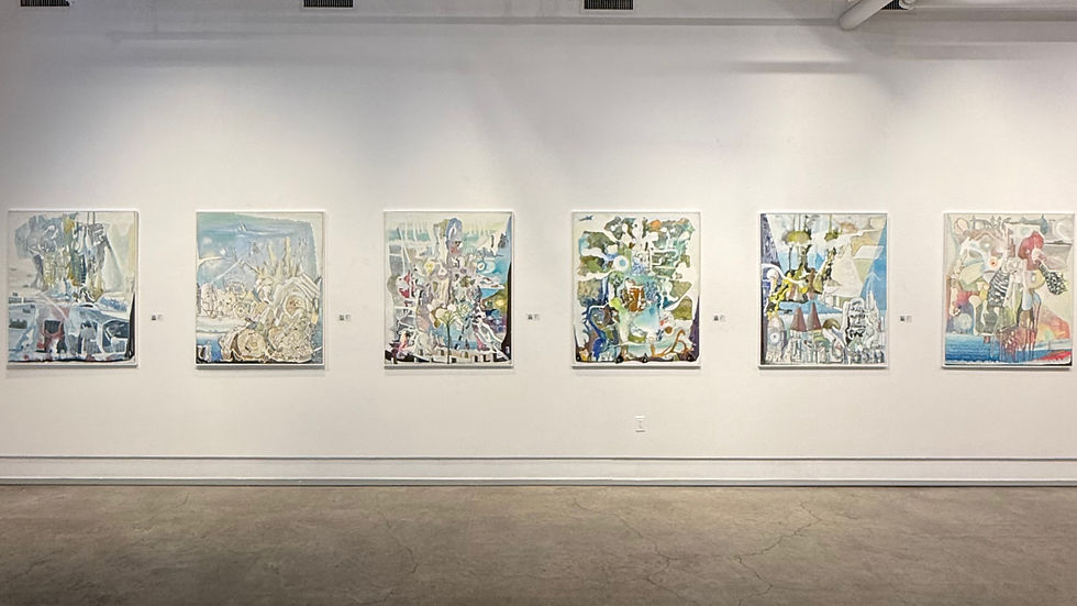 Six abstract paintings with varied colors hang on a white gallery wall. The floor is concrete, and the mood is modern and serene.