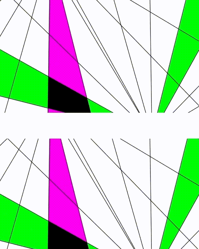 Abstract design with intersecting black lines and bright pink, green, and black triangles on a white background. Geometric and vibrant.