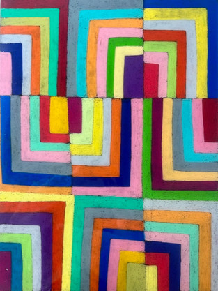 An abstract composition of nested L-shaped bands in vivid colors like teal, pink, orange, and purple, arranged in a grid.