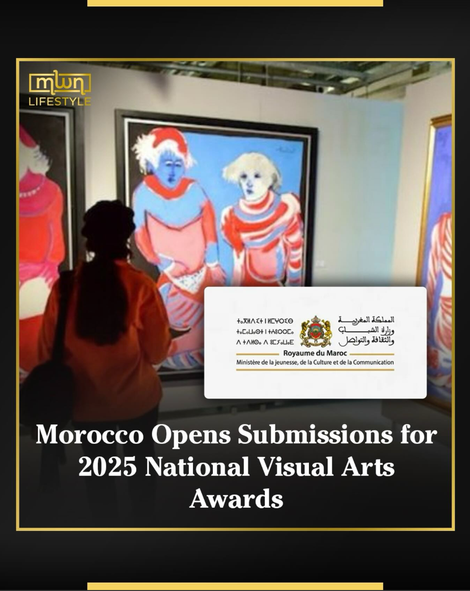 Viewer in orange jacket observes colorful artwork at an exhibit. Text reads: "Morocco Opens Submissions for 2025 National Visual Arts Awards."