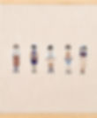 Embroidered art of five stylized figures wearing different outfits in browns, blues, and beiges, on a beige fabric background.