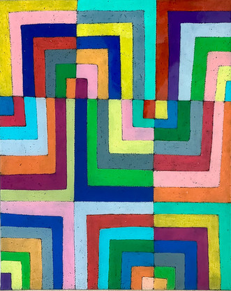A geometric artwork with interlocking zig-zag stripes in bright colors including blue, yellow, pink, and green.