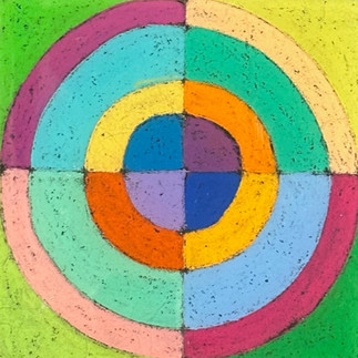 A concentric circle painting with soft pastel tones of green, blue, purple, and orange arranged in symmetrical quadrants.