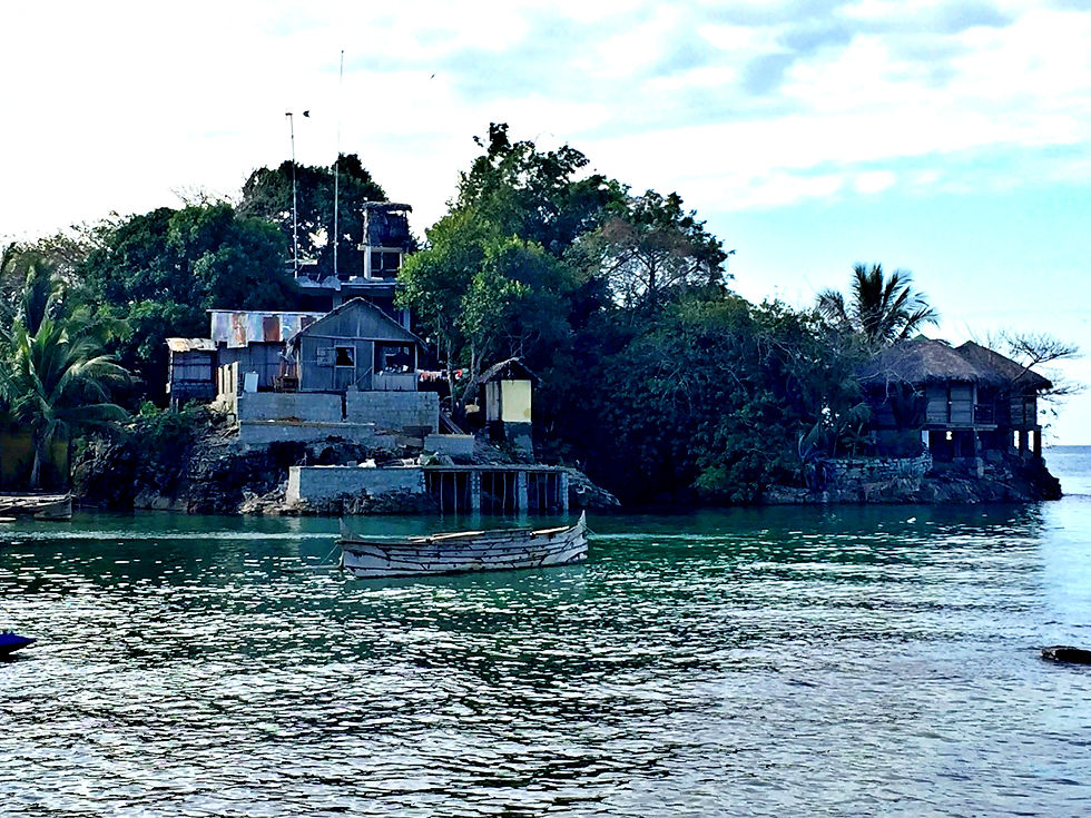 Lush island viewed from the water. Metal buildings appear stacked from a dock to the highest point o