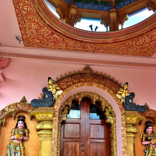 Doorway of a Hindu temple in a pink building, with statues and columns on each side, and ornate gold decoration. 