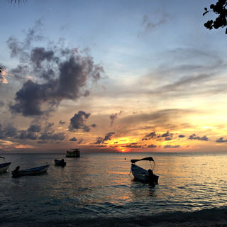 Sunset over the ocean, numerous small boats float in the calm water. 