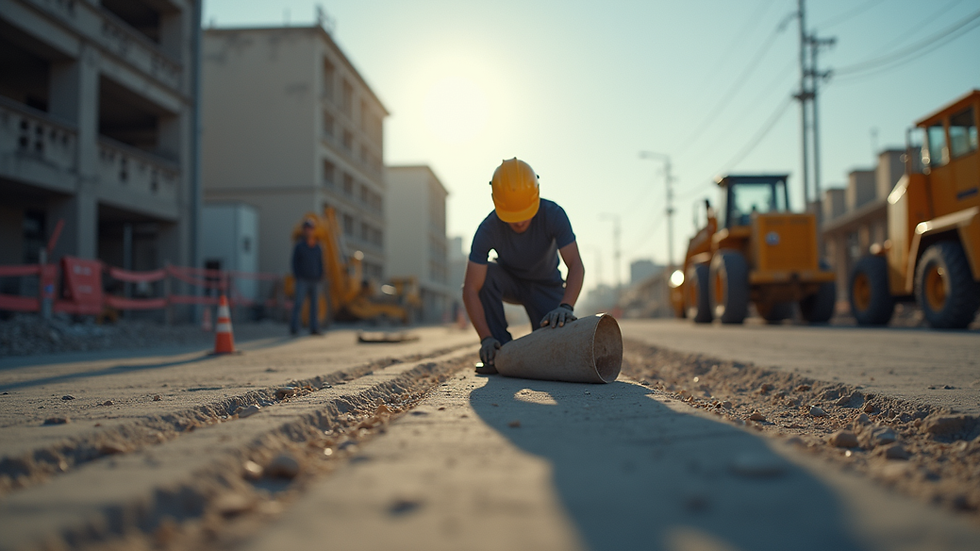 Eye-level view of a construction site with workers and machinery