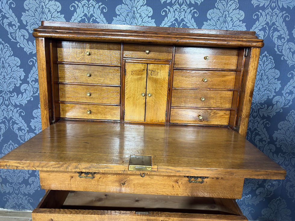 Miniatura: Stara dębowa sekretera w stylu biedermeier, sekretarzyk antyk,