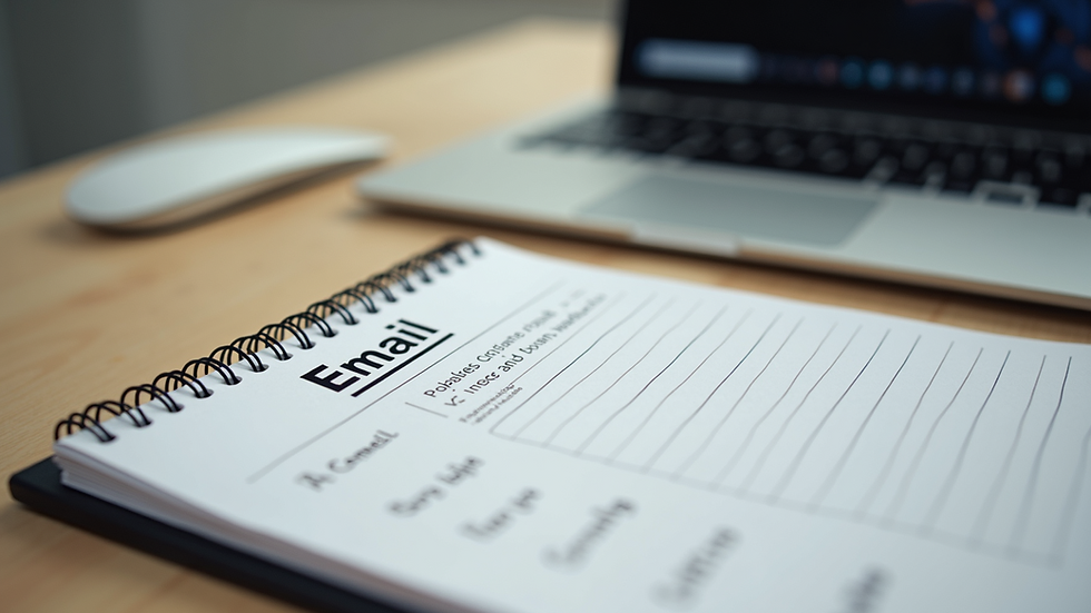 Close-up view of a keyboard and a notepad with email notes