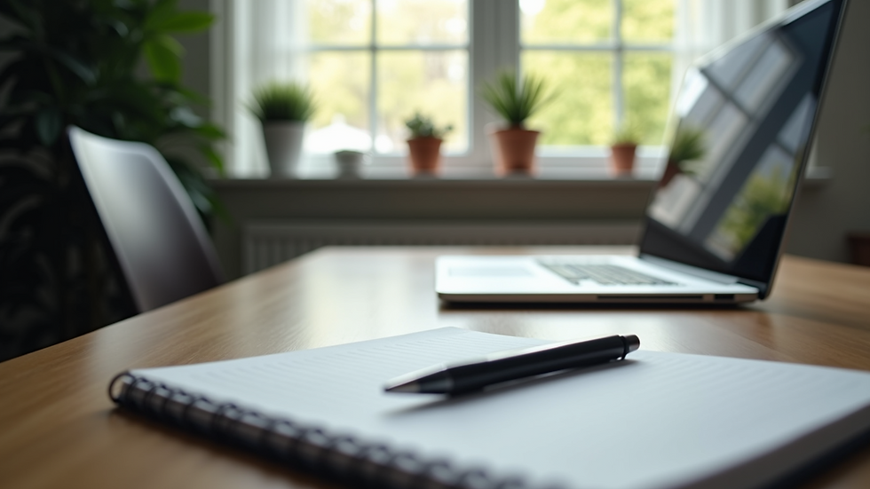 Eye-level view of an office desk with a laptop and notebook