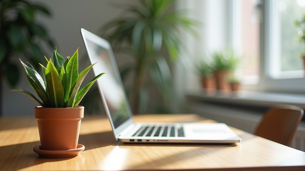 Close-up view of a beautifully decorated coworking desk with a potted plant