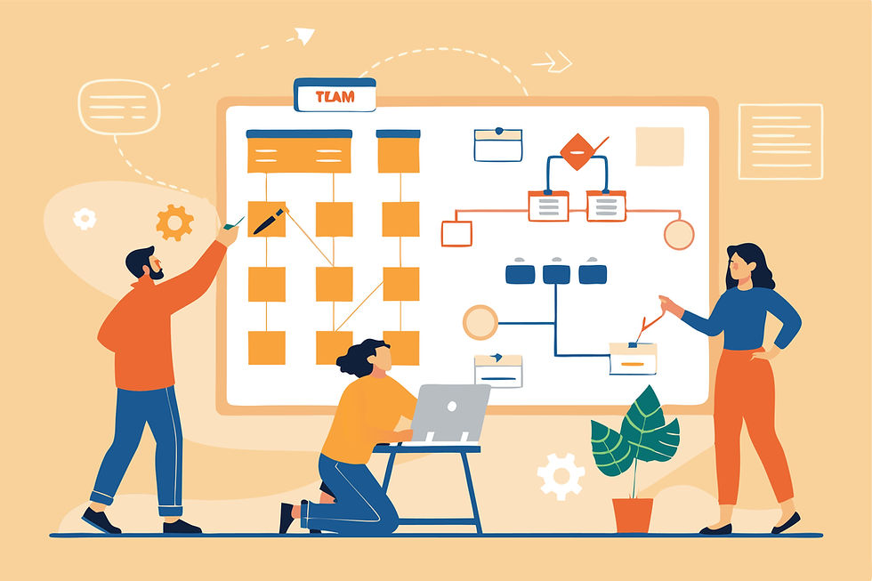 An illustration showing people collaborating at a flowchart-filled board labelled "TEAM." One writes, another kneels with a laptop, and another points. Bright colours.
