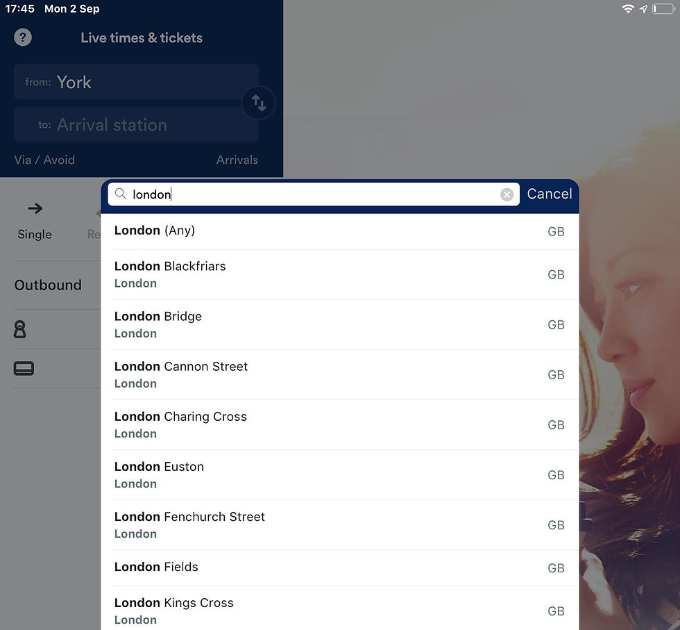Trainline contextual station finder showing matches to text string, but also with the ability to select any station from a particular location