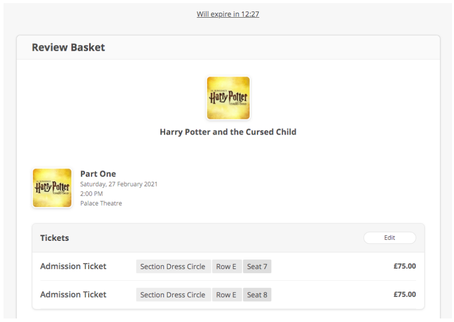 Harry Potter theatre tickets purchase process showing expiration timer