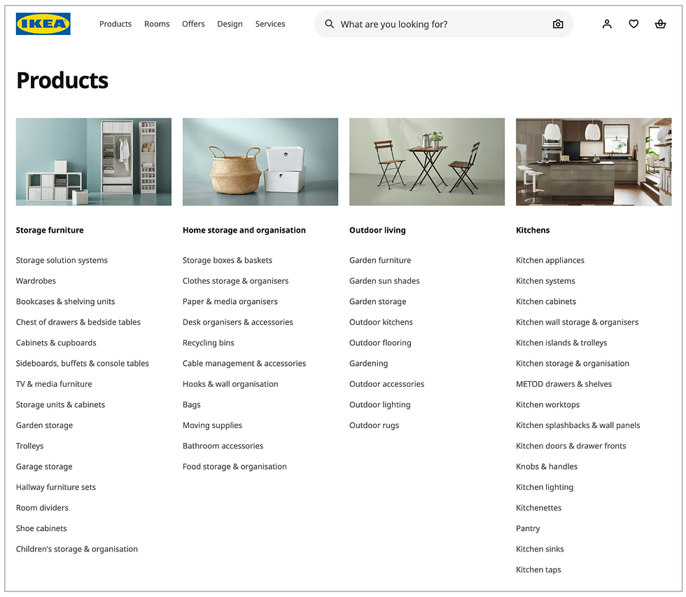 IKEA webpage displaying product categories: Storage furniture, Home storage, Outdoor living, Kitchens. Includes product listings and images.