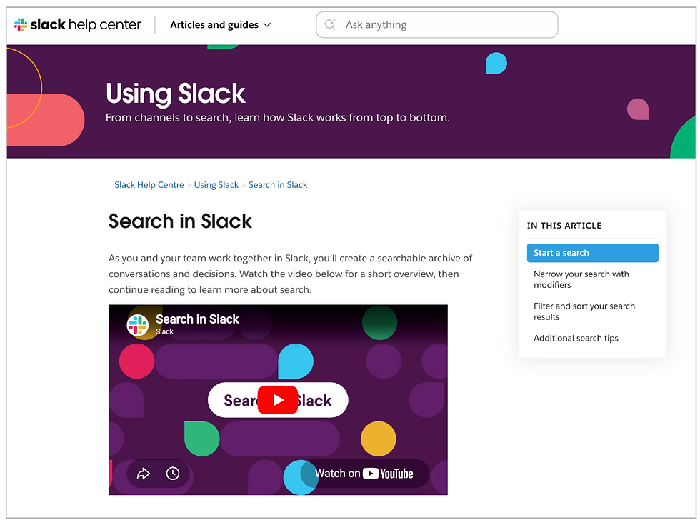 Slack help page titled "Search in Slack" with video thumbnail, colorful pattern, and article sections listed on the side.