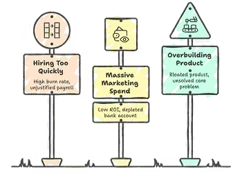Three signs on poles: "Hiring Too Quickly," "Massive Marketing Spend," and "Overbuilding Product." Each has warnings about business issues.