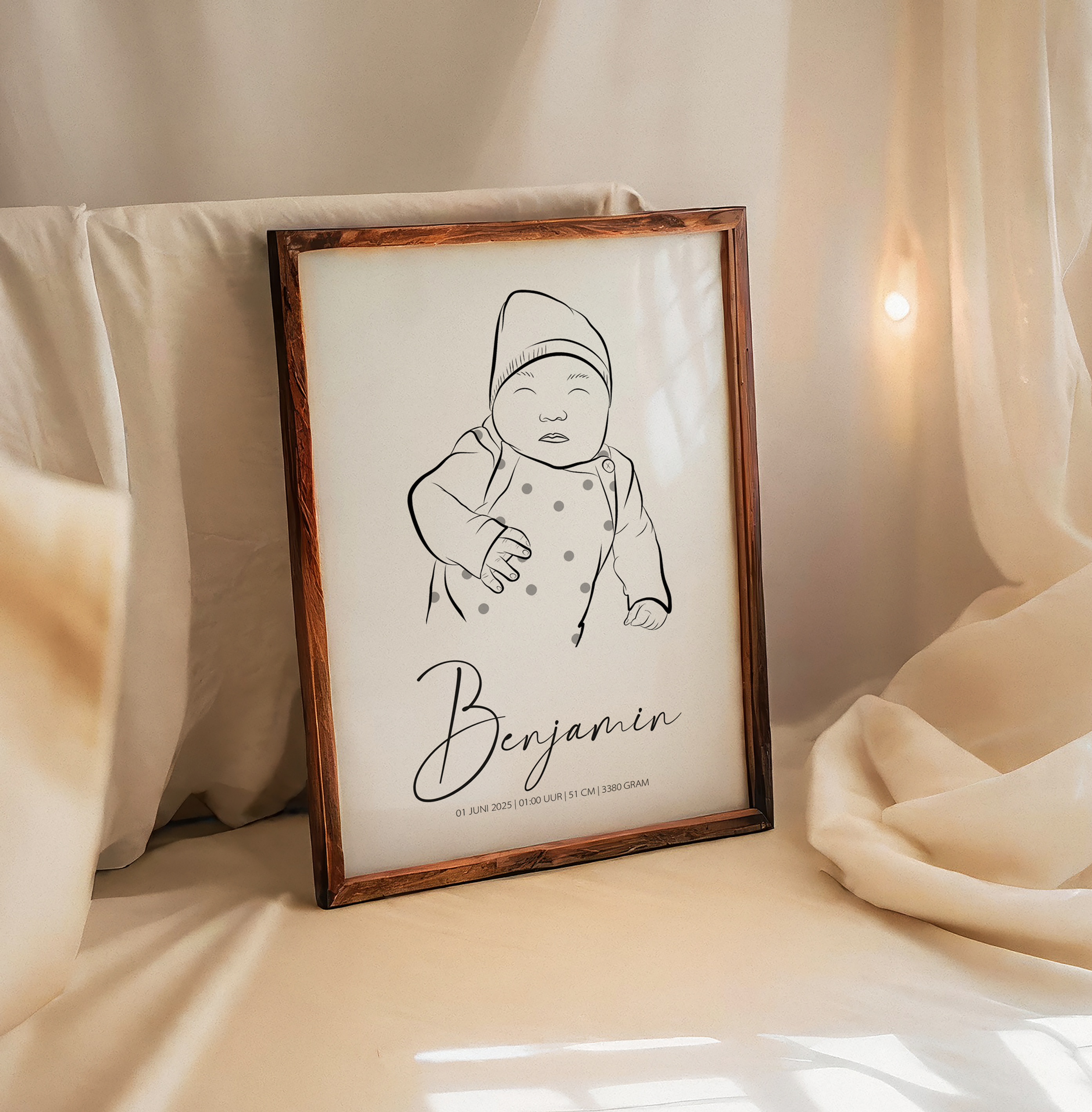 Geboorteposter met minimalistische lijntekening van een baby en geboortegegevens