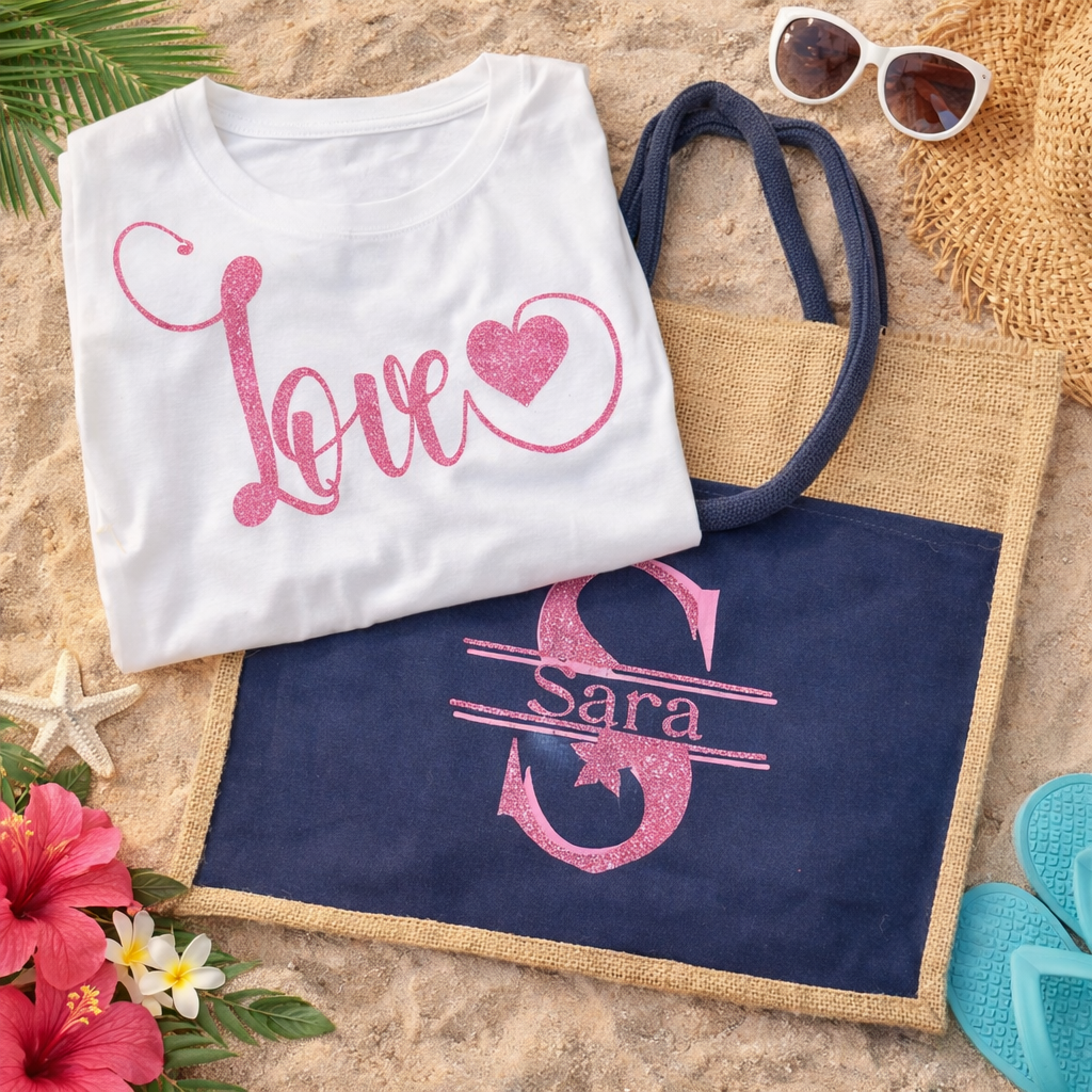 Set Verano “Love & Sara” – Camiseta + Bolso de Yute Personalizado 💖🌴