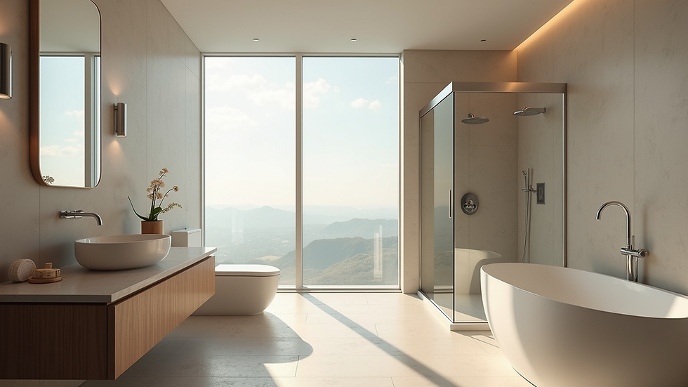 High angle view of spacious bathroom with walk-in shower and heated floors