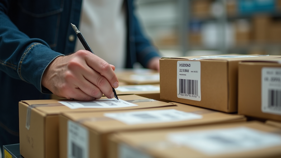 Close-up view of a worker applying barcode labels on product boxes
