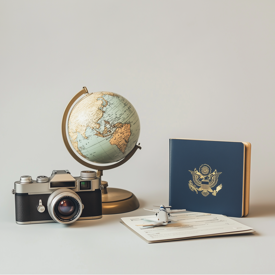 Studio-shot passport with travel props including a globe, a notebook, and a miniature red airplane