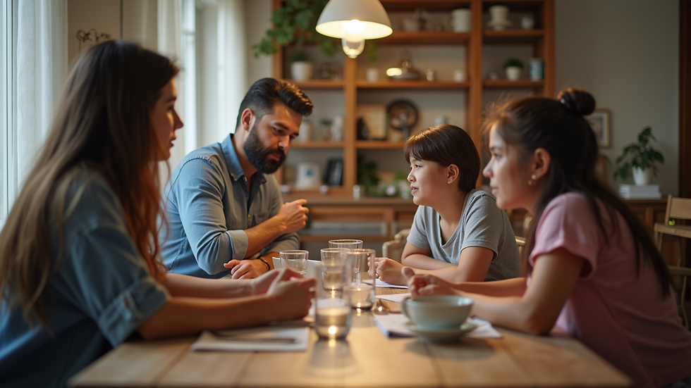 Eye-level view of a family sitting together at a table discussing their issues