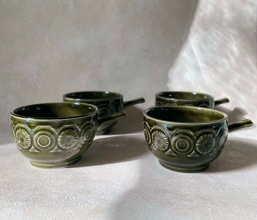 Thumbnail: Mid-Century Green soup  bowls with handles, rare set, c.1970's Vintage Decor.