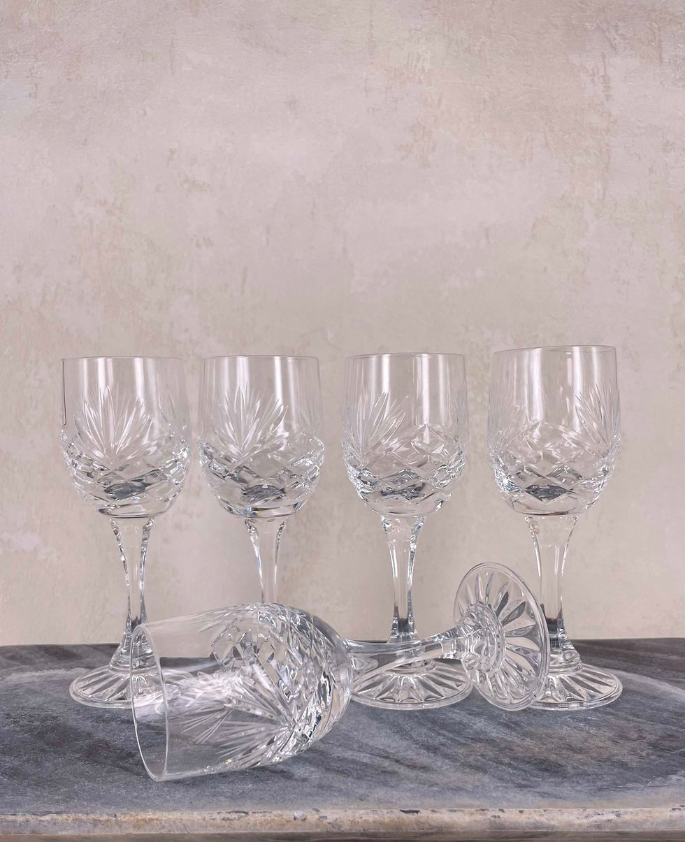 Thumbnail: % clear cut crystal glasses, vintage, short stems clear & crosshatch pattern short stem, narrow bowl. Vintage art deco decor.