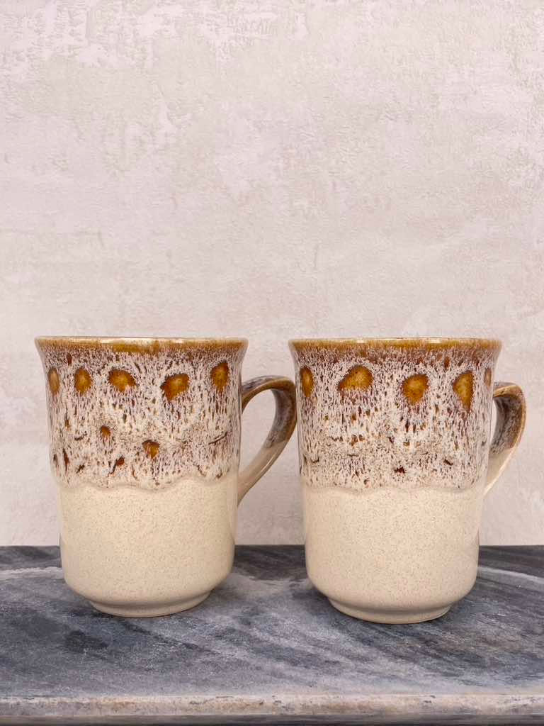 Thumbnail: Matching rare pair of Fosters Pottery Mug & Plate Sets. Cream & Brown finish