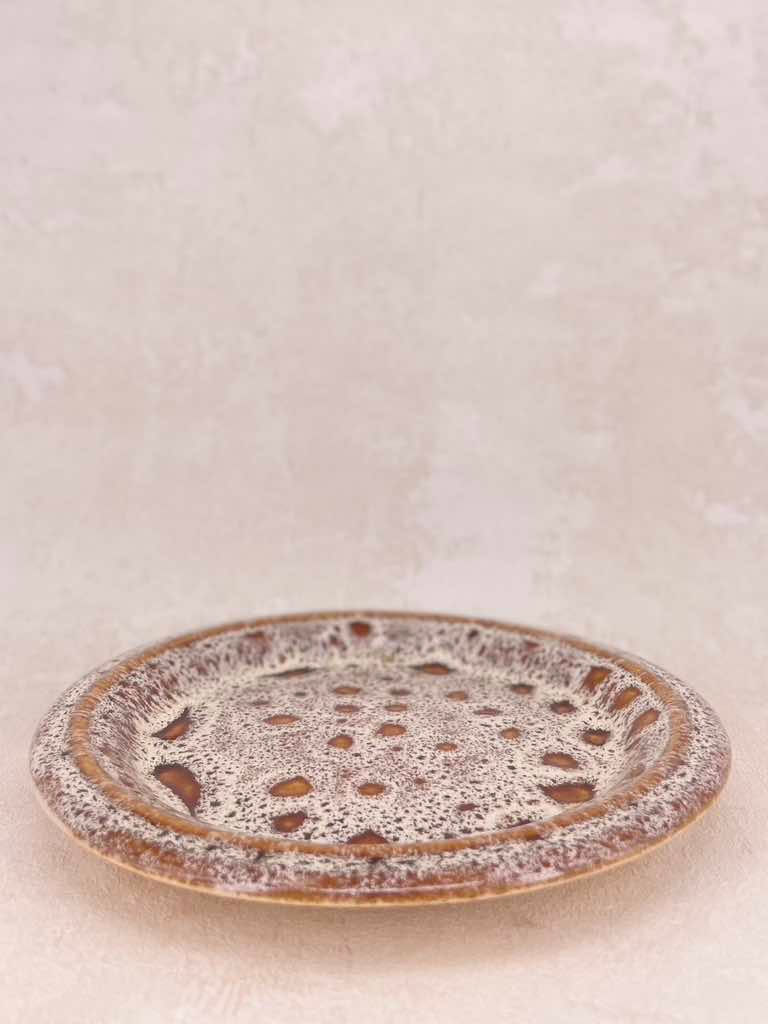 Thumbnail: Fosters Pottery Honeycomb drip glaze jug and plate set. cream jug, brown jug.