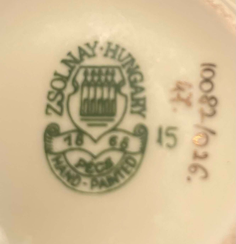 Thumbnail: Zsolnay Hungary Pecs 1853 stamped base with Hand painted in green with five tower emblem, rare bud vase, collectable, c. 1958