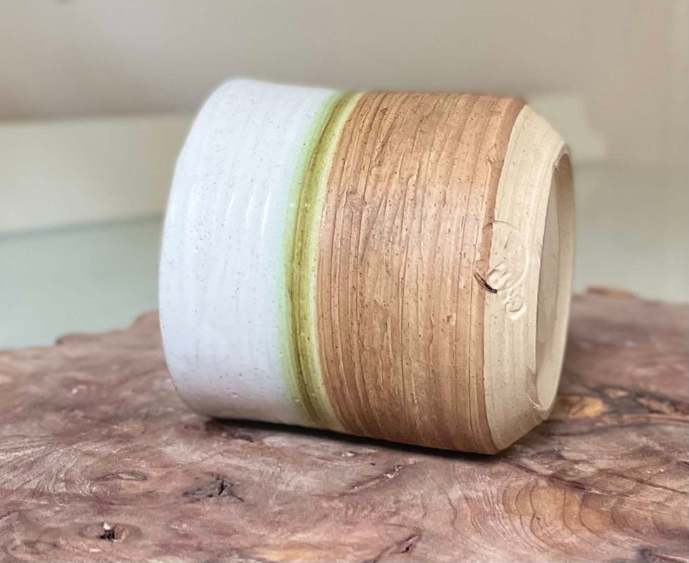 signed, mid-century studio pottery, minimalist, white glaze natural bottom pot for shelf display, collectable.c.1970's