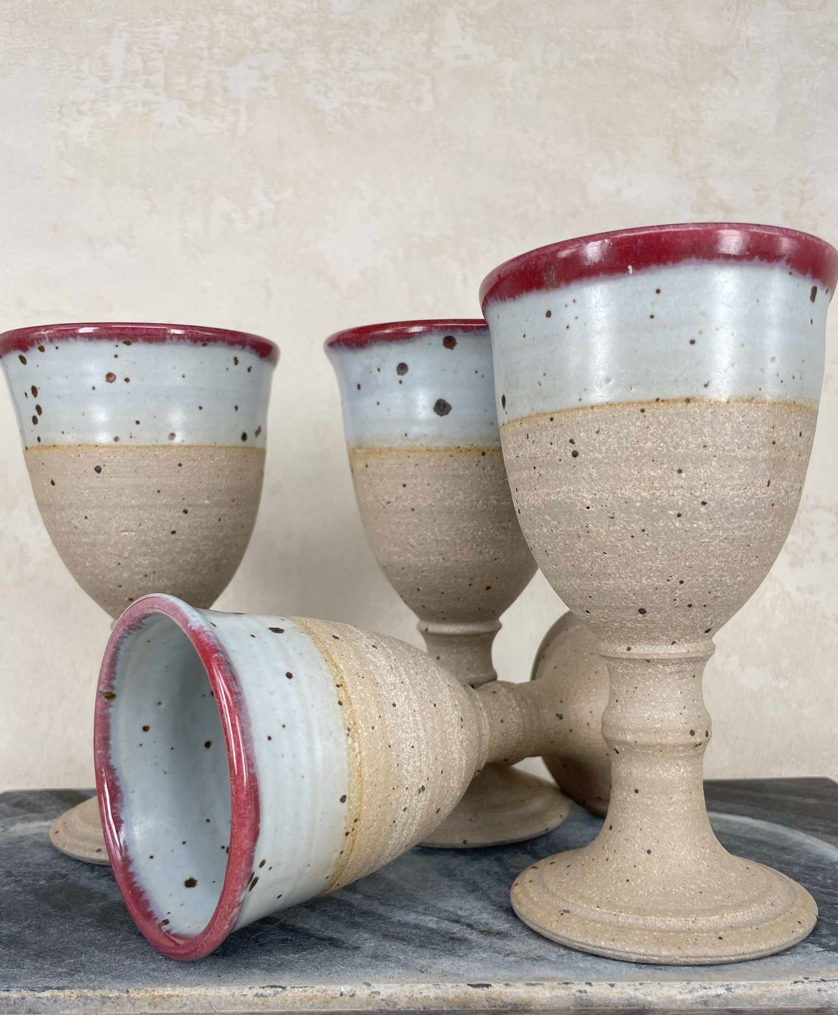 Handcrafted studio pottery goblet, stoneware chalice with red & white glaze, vintage artisan homewares